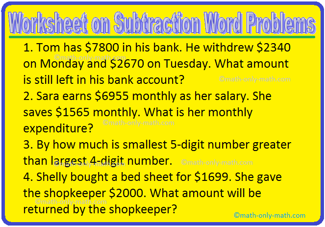 Worksheet on Subtraction Word Problems