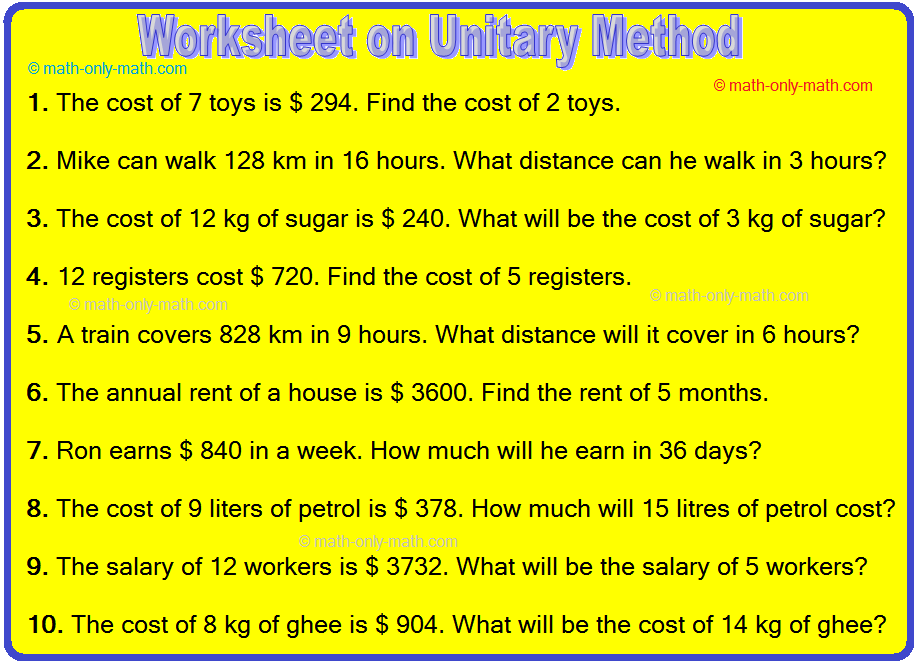 Worksheet on Unitary Method