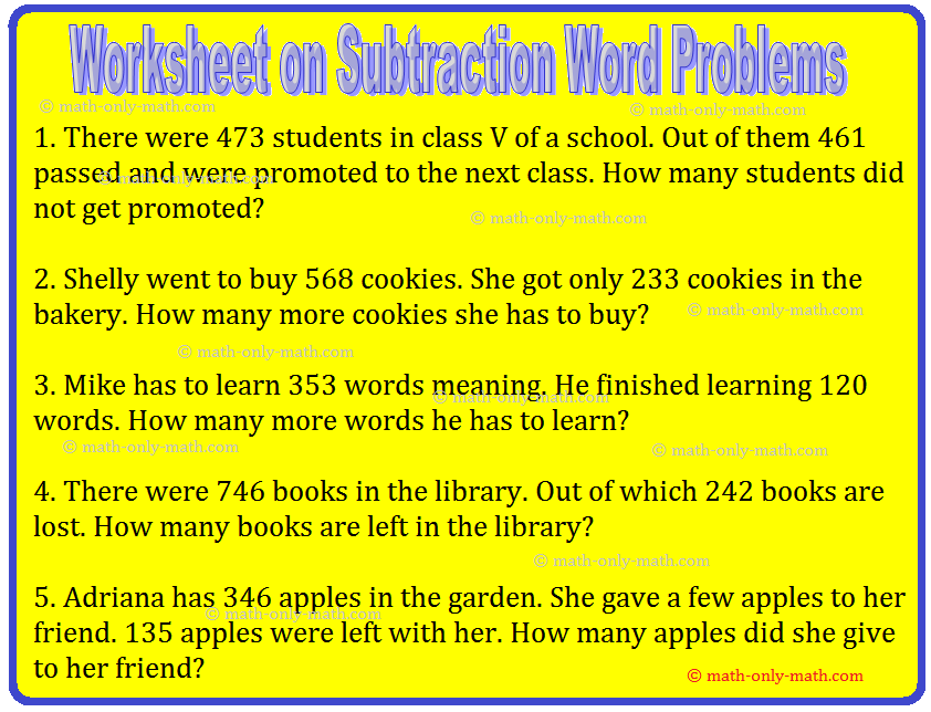 Worksheet on Word Problems on Subtraction