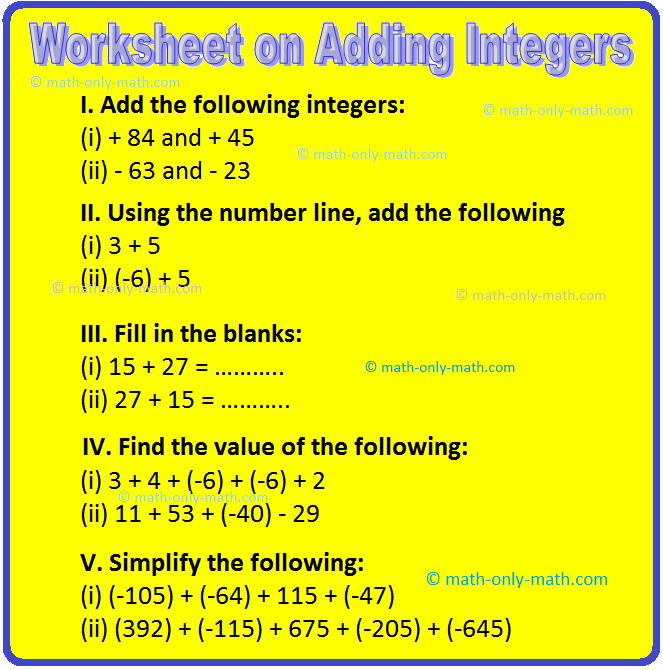 Worksheet on Adding Integers