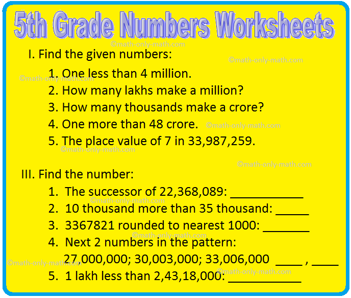 Number And Numeration Worksheet For Grade 5