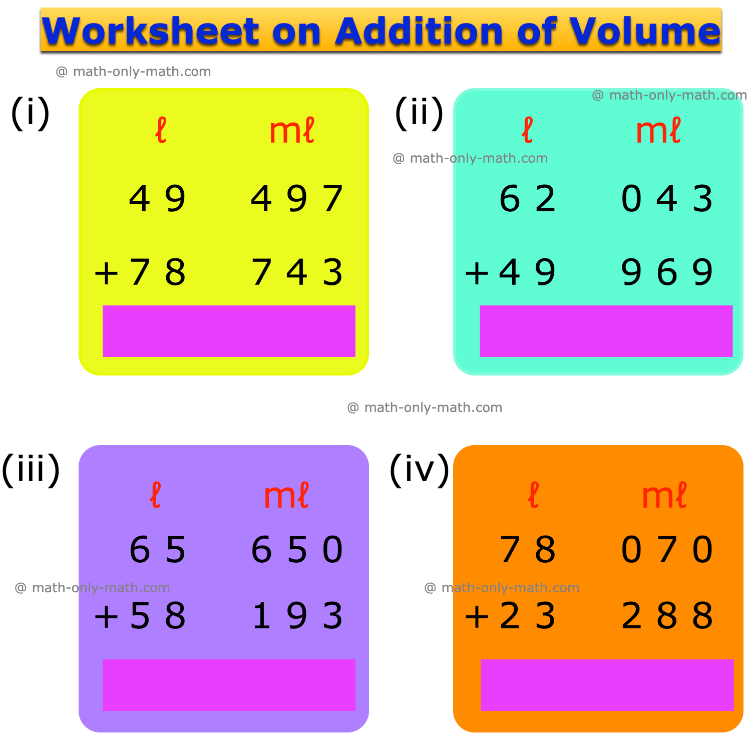 Pratique a planilha de matemática da terceira série sobre a adição de capacidade. Esta folha fornece diferentes tipos de perguntas em que você precisa organizar os valores de capacidade sob diferentes colunas de litros e