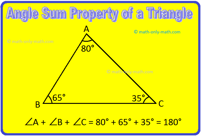 We will discuss here about the properties of triangle. Property 1: Relation between the measures of three angles of triangle: Draw three triangles on your not book. Name them as ∆PQR, ∆ABC and ∆LMN. 