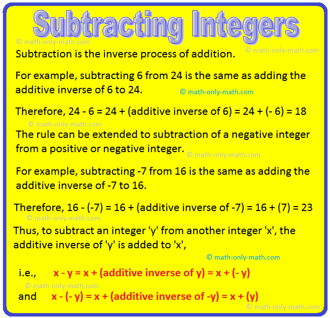 Subtracting integers is the second operations on integers, among the four fundamental operations on integers. Change the sign of the integer to be subtracted and then add.