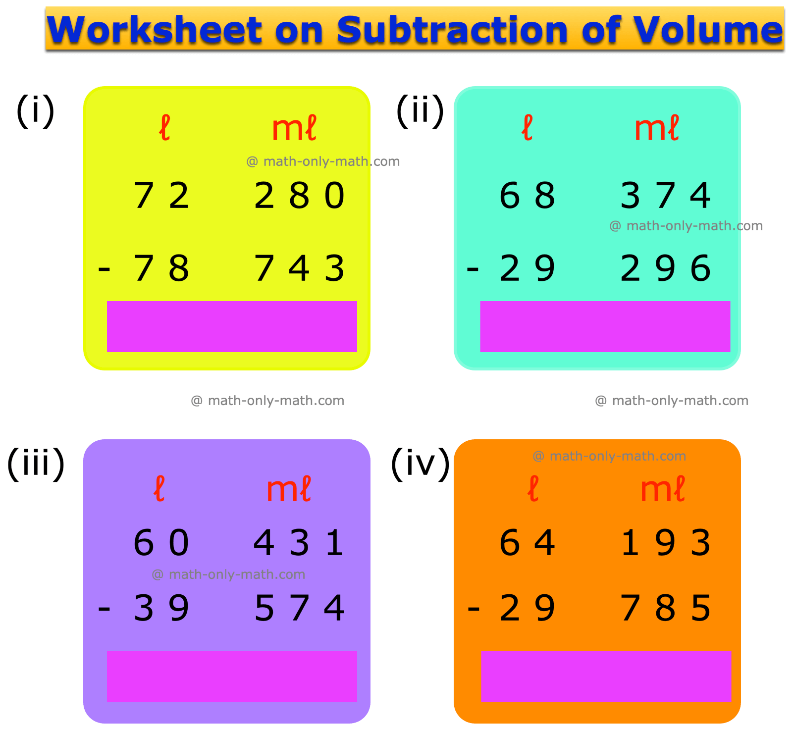 Pratique a planilha de matemática da terceira série sobre a subtração de capacidade. Esta folha fornece diferentes tipos de perguntas em que você precisa organizar os valores de capacidade em 