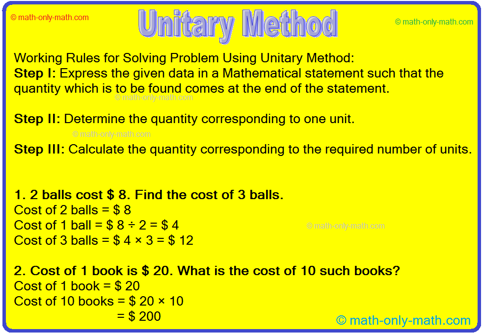 In unitary method we will learn how to find the value of a unit from the value of a multiple and the value of a multiple from the value of a unit.  When we go to the market to buy any article, we ask the shopkeeper to tell the price of the article. This is called unit price.