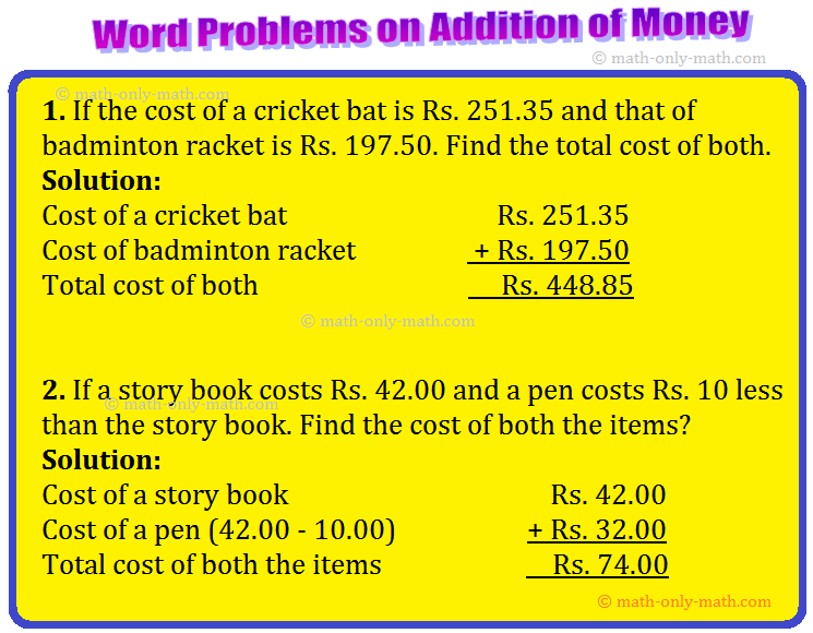 Let us consider some of the word problems on addition of money. We have solved the problems in both the methods i.e., with conversion into paise and without conversion into paise. Worked-out examples