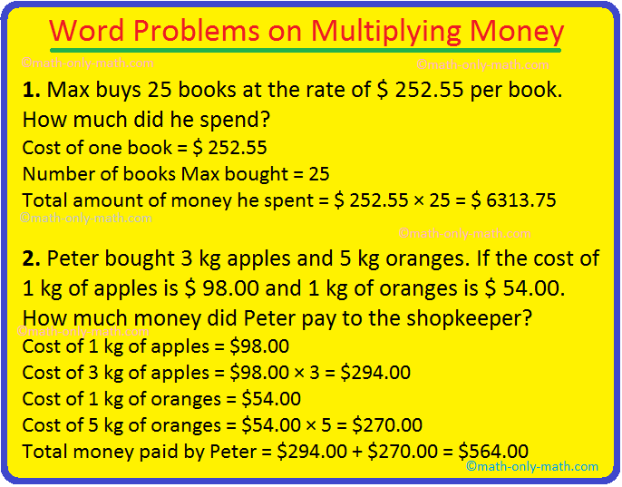 Word Problems On Multiplying Money Word Problems Involving Money