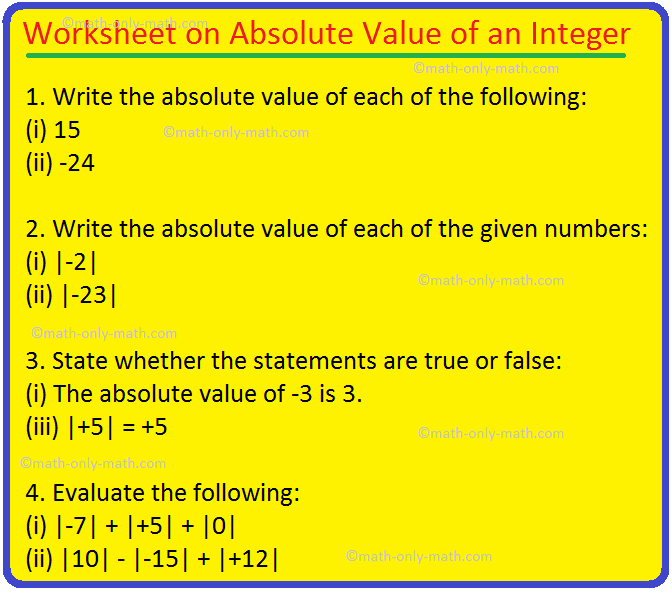 Worksheet On Absolute Value Of An Integer Numerical Value Answers