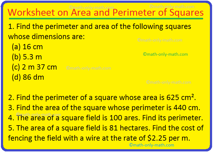 worksheet on area and perimeter of squares questions answers