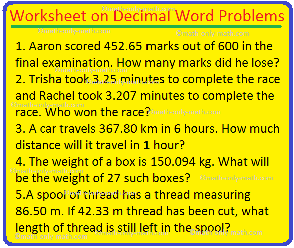 Decimal Word Problems Worksheet