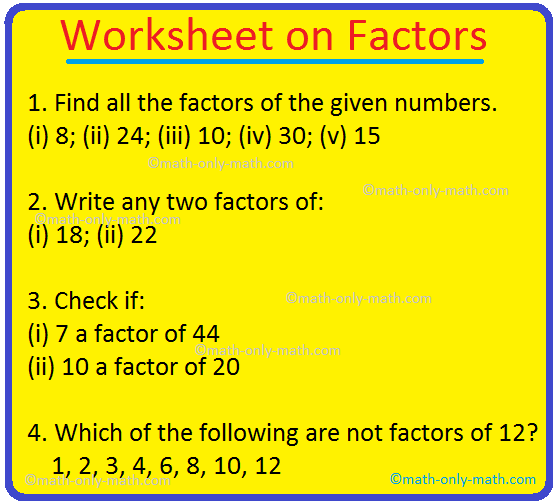 Worksheet On Factors Questions On Factors Exercise Sheet On Factors