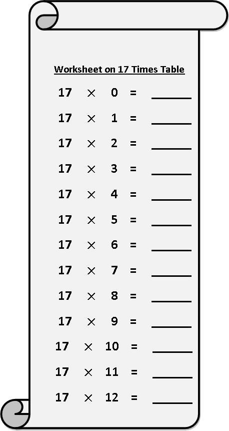 Worksheet On 17 Times Table Printable Multiplication Table 17 Times 