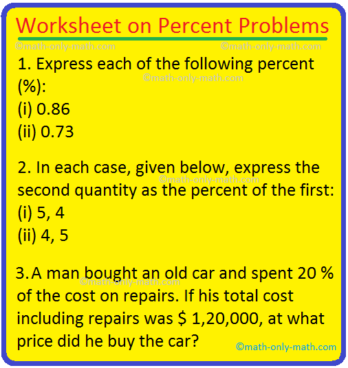 Worksheet On Percent Problems Questions On Application Of Percentage