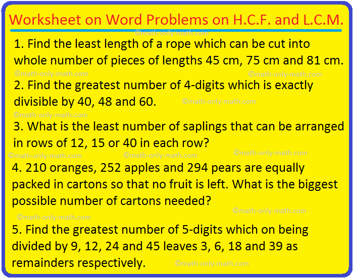 Worksheet on Word Problems on H.C.F. and L.C.M. |Highest Common Factor