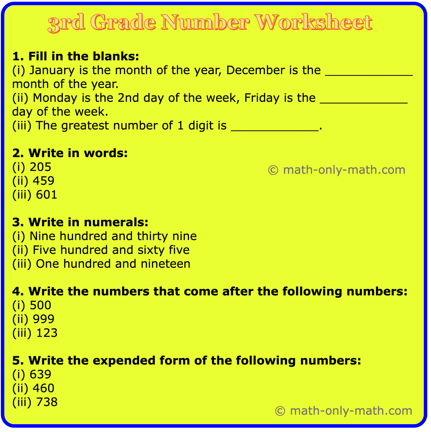 3rd Grade Number Worksheet