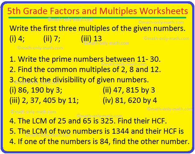 5th Grade Factors And Multiples Worksheets L C M H C F Answers