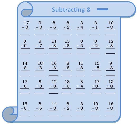 Worksheet on Subtracting 8, Questions Based on Subtraction, Subtraction ...